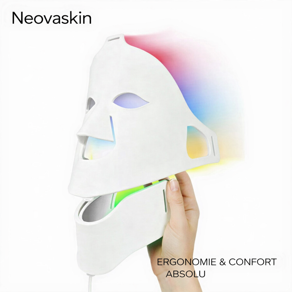 Masque LED Neovaskin porté sur le visage – soin luminothérapie à domicile