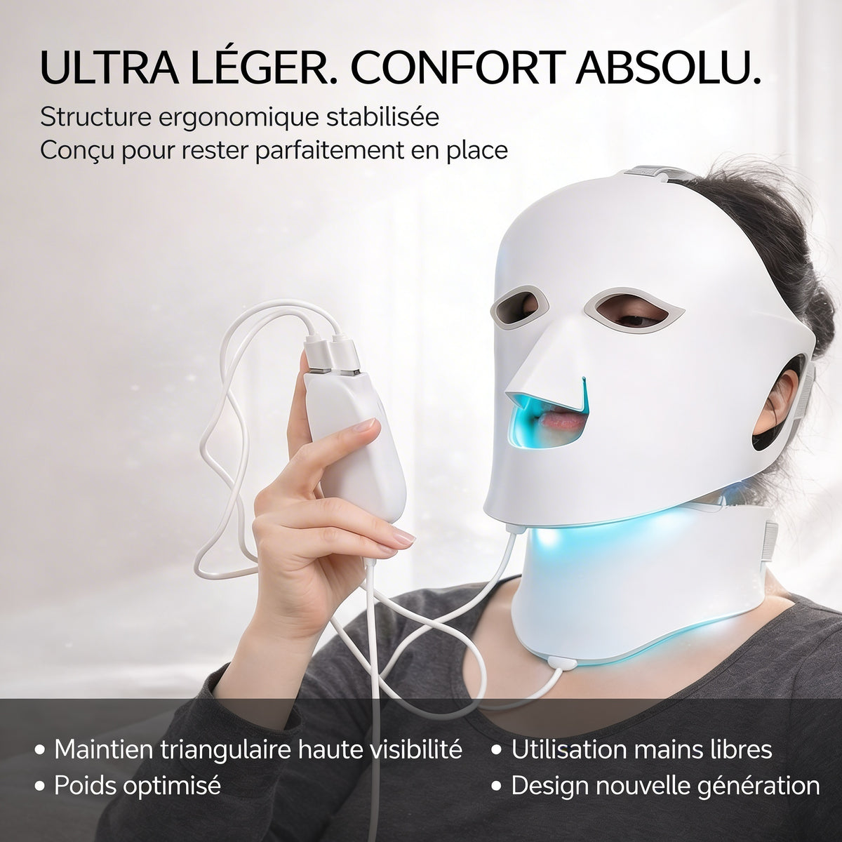Détail masque LED Neovaskin – 7 modes luminothérapie rouge bleu vert jaune